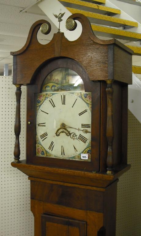 Appraisal: Oak and mahogany thirty hour longcase clock the painted arched