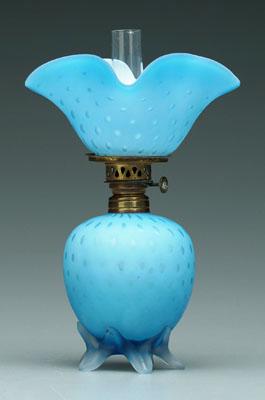 Appraisal: Miniature blue satin glass lamp mother-of-pearl flared shade with matching