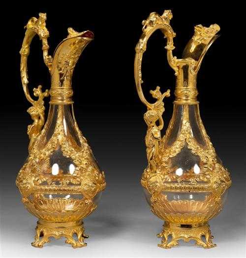 Appraisal: PAIR OF GLASS CARAFFES MOUNTED IN VERMEIL France th century