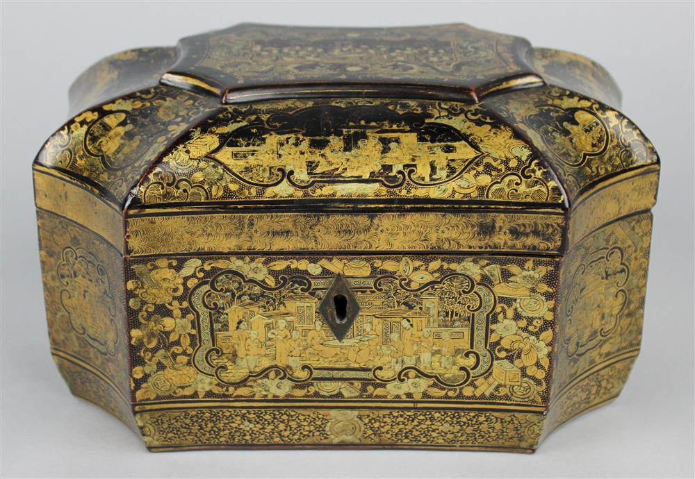 Appraisal: CHINESE EXPORT PAPIER MACHE TEA CADDY CA of shaped rectangular