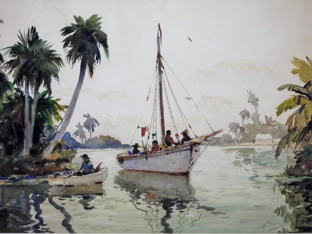 Appraisal: ANTHONY THIEME PALM TREE BOAT FISHERMEN PAINTING Massachusetts California -