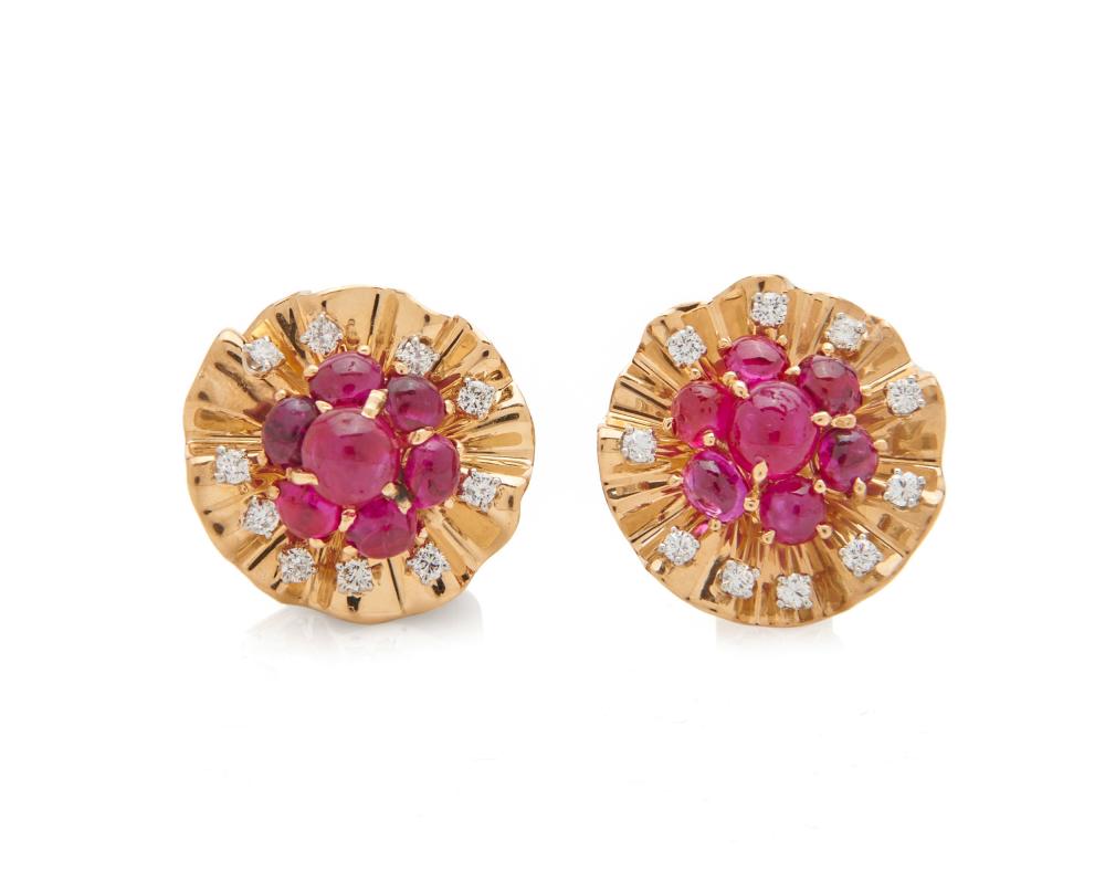 Appraisal: TRABERT HOEFFER MAUBOUSSIN K Gold Ruby and Diamond Earclips the