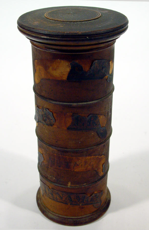 Appraisal: Turned wooden four divisional spice box and lid with original