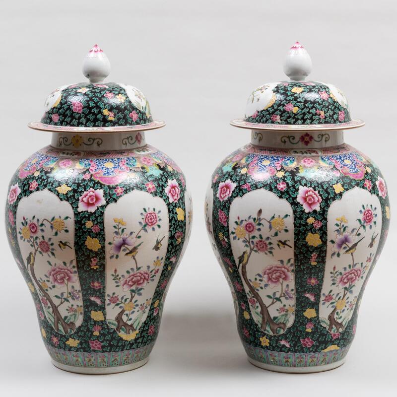 Appraisal: Pair of Chinese Famille Rose and Black Ground Porcelain Baluster