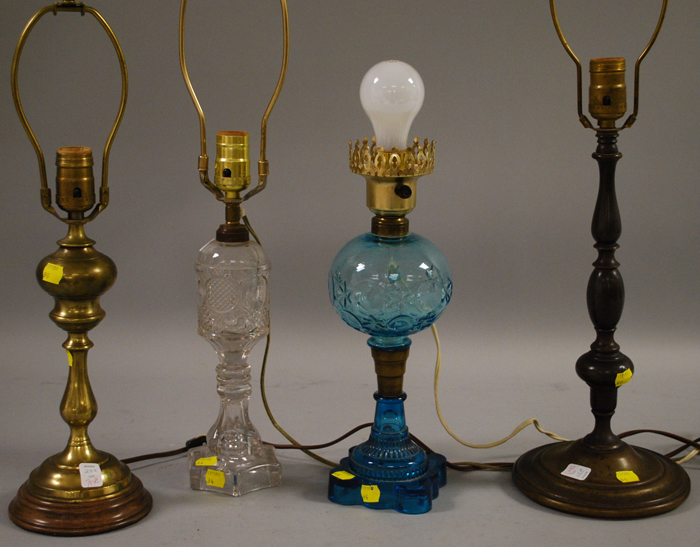 Appraisal: Two Glass Oil Lamps and Two Brass Table Lamps a