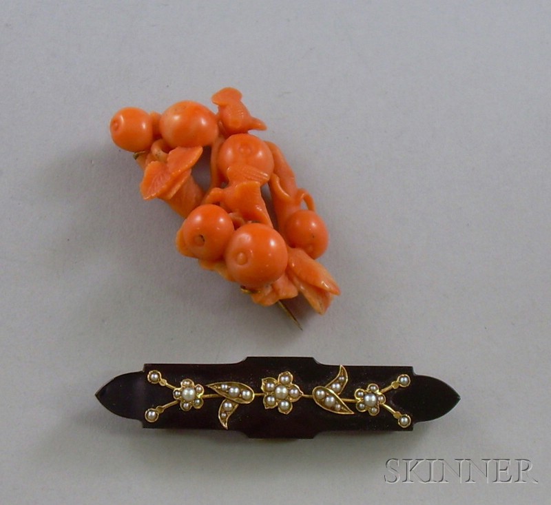 Appraisal: Two Hardstone Brooches one onyx and seed pearl and one