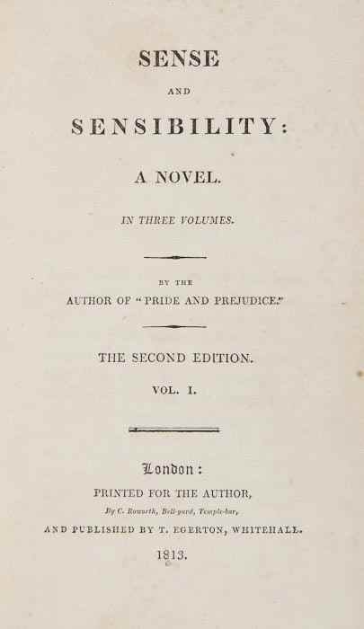 Appraisal: Austen Jane Sense and Sensibility vol second edition lacks half-titles