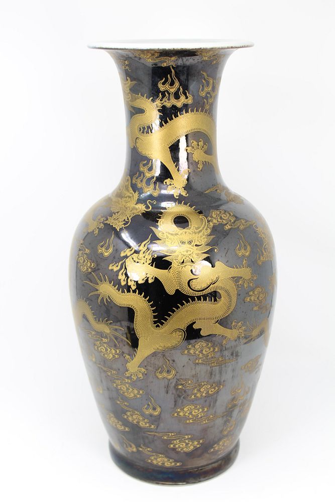 Appraisal: Signed Chinese Black-Ground -Claw Dragon Vase Signed Chinese Black-Ground -Claw