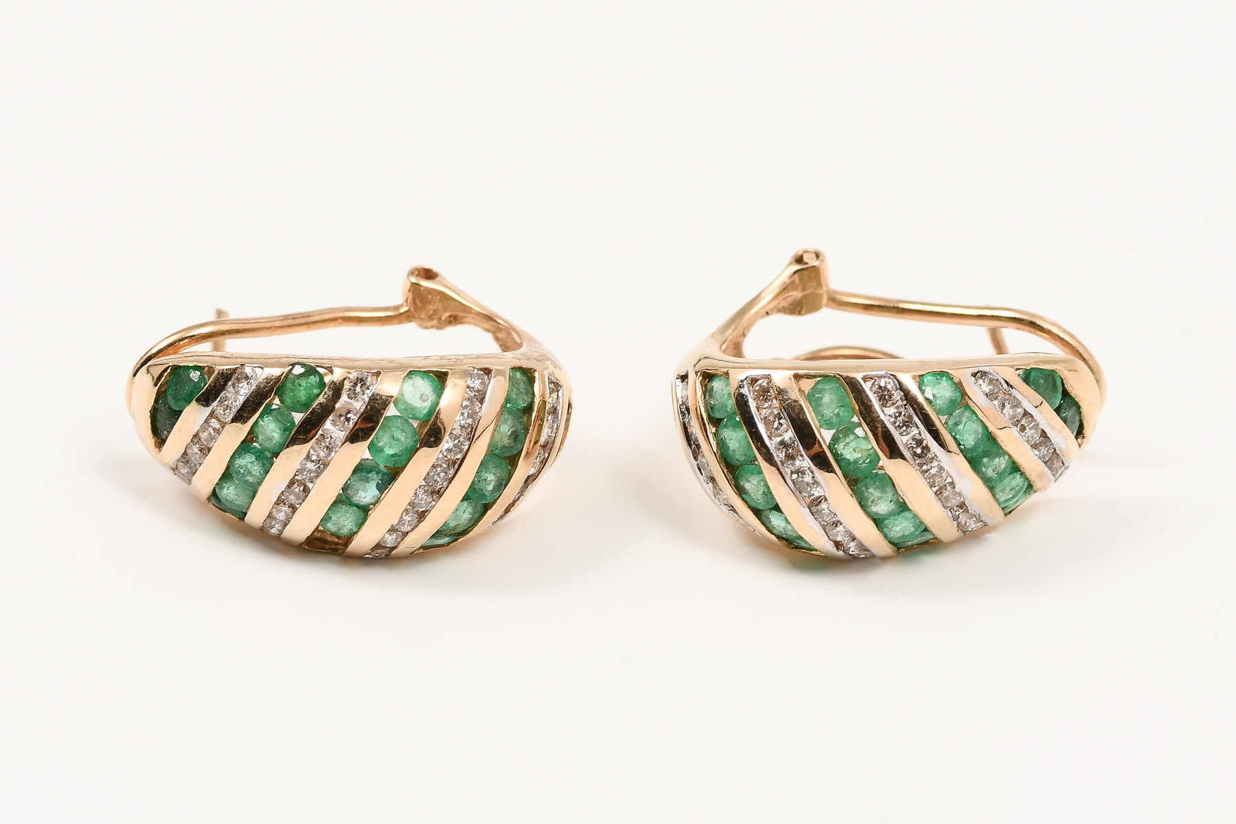 Appraisal: K DIAGONAL CHANNEL SET EMERALD DIAMOND HOOP EARRINGS These earrings