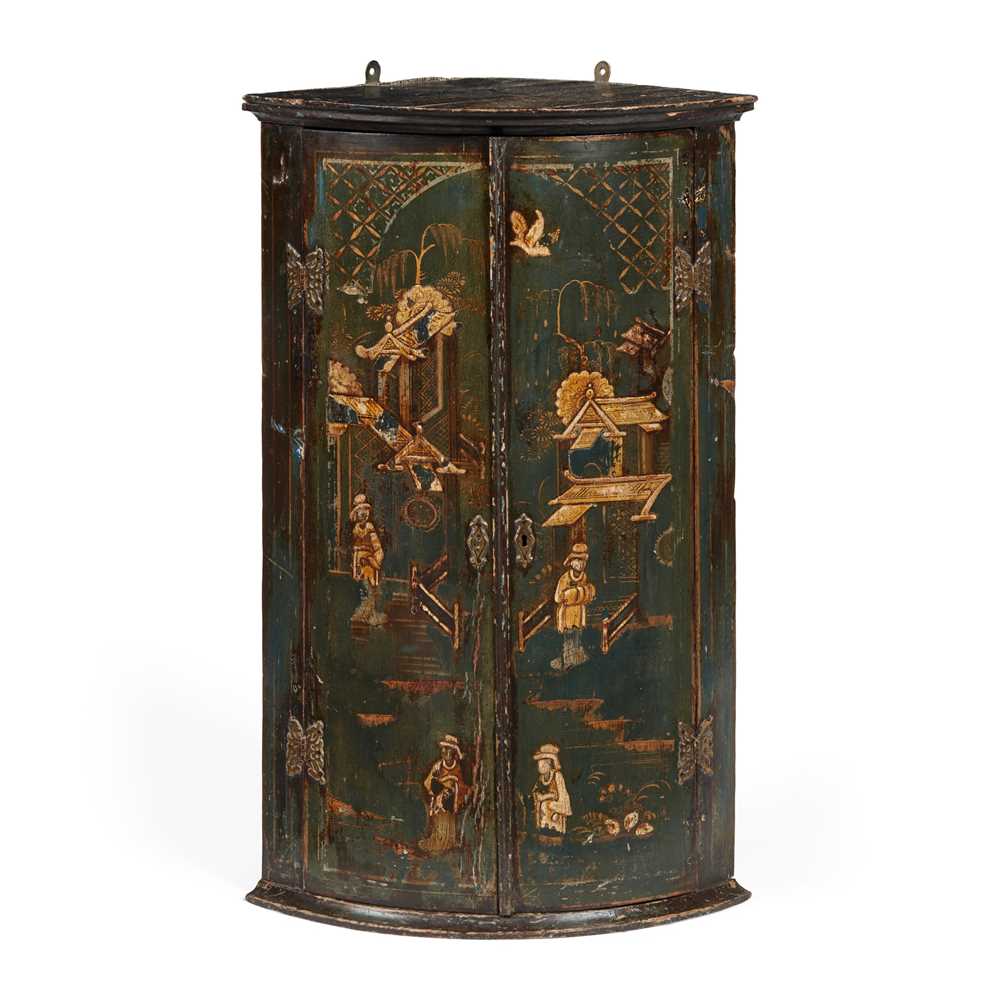 Appraisal: GEORGE II BLUE JAPANNED BOWFRONT HANGING CORNER CUPBOARD TH CENTURY