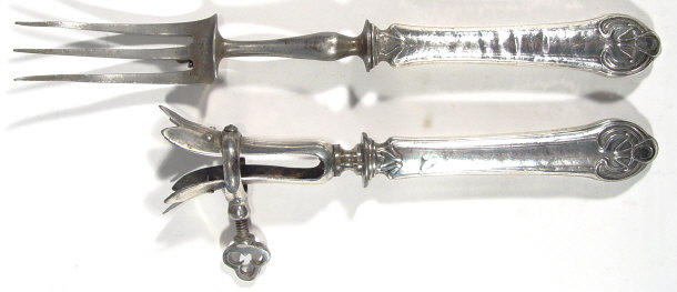 Appraisal: Art Nouveau French silver handled gammon clamp and fork