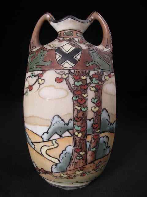 Appraisal: A Nippon porcelain vase with landscape moriage design Condition good