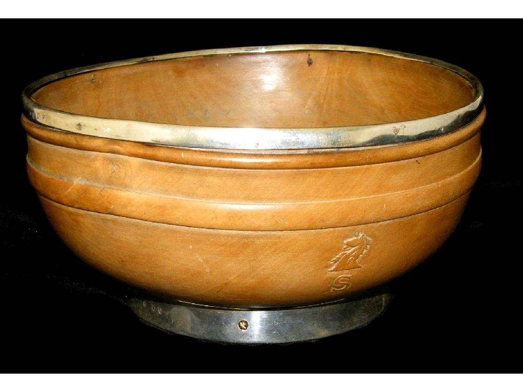 Appraisal: th century Irish turned wooden and silver mounted circular bowl