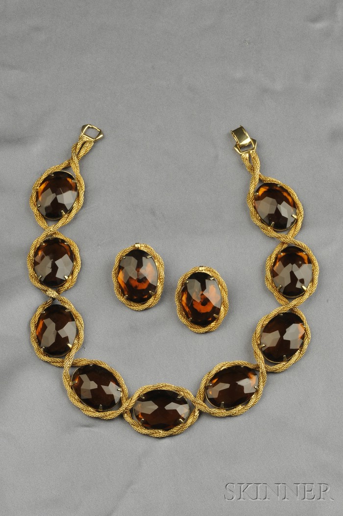 Appraisal: Gilded Metal and Faux Citrine Glass Necklace and Earclips Hattie