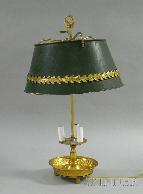 Appraisal: Empire-style Brass Bouillotte Lamp with green-painted metal shade electrified