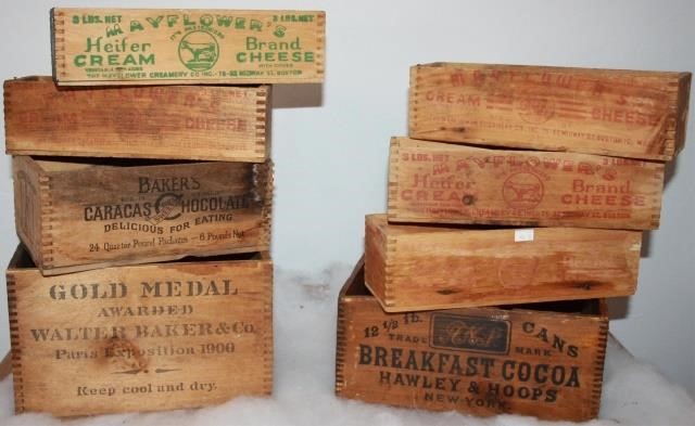 Appraisal: SMALL WOODEN ADVERTISING BOXES WALTER BAKERCHOCOLATE HAWLEY HOOPS COCOA MAYFLOWER