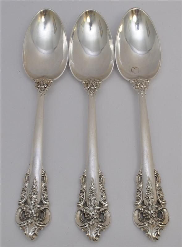 Appraisal: STERLING GRAND BAROQUE SERVING SPOONS Three Large Sterling Silver Wallace