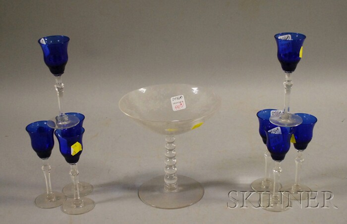 Appraisal: Eight Cobalt Glass Stemmed Cordials and an Etched Glass Compote