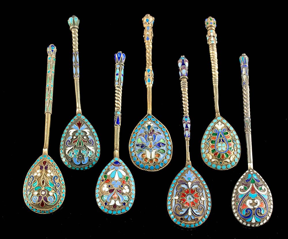 Appraisal: th C Russian Gilt Silver Cloisonne Spoons Eastern Europe Russia