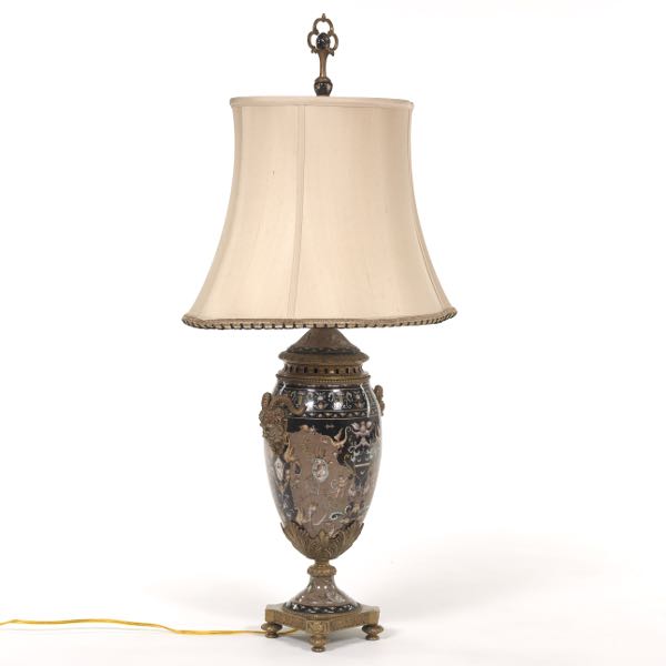 Appraisal: RENAISSANCE REVIVAL CASTILIAN ITALIANATE PORCELAIN AND BRONZE LAMP WITH SILK