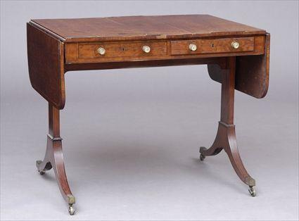 Appraisal: REGENCY INLAID MAHOGANY SOFA TABLE The cross-banded top with leaves