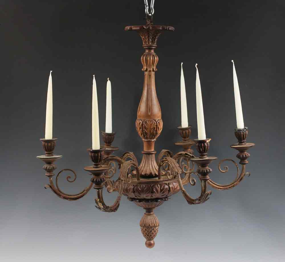 Appraisal: CONTINENTAL CHANDELIER - Wrought Iron and Wood Continental Candle Chandelier