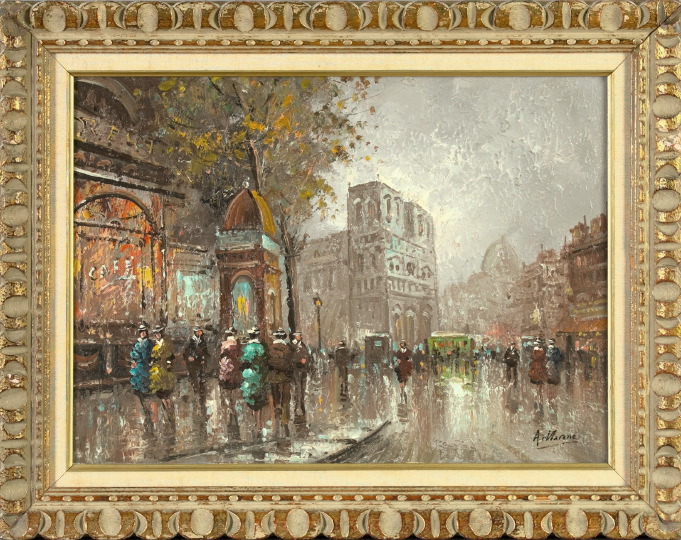 Appraisal: French School th Century Busy Parisian Street Scene oil on