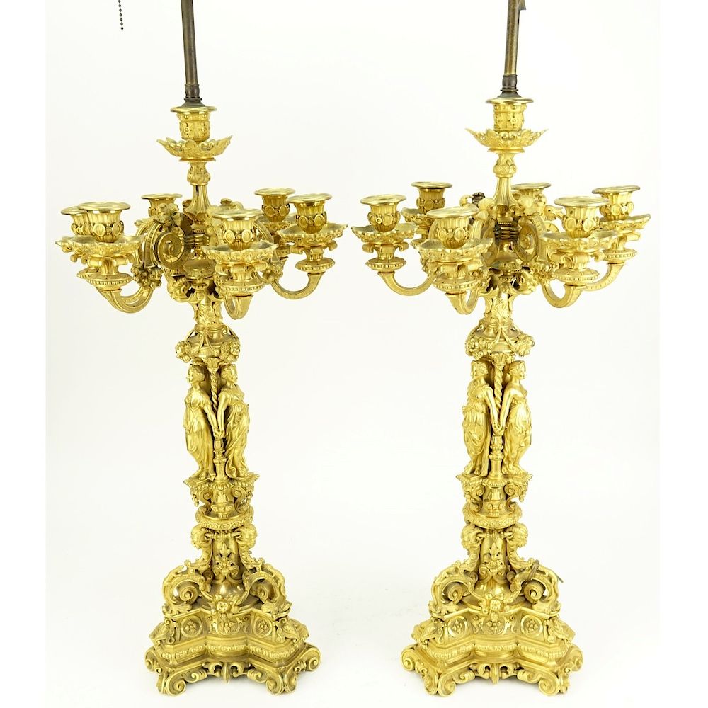 Appraisal: Pair of French Gilt Bronze Candelabra w Figures Pair of