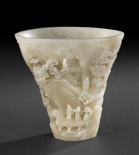 Appraisal: Unusual Chinese Carved White Jade Libation Cup the grayish-white stone