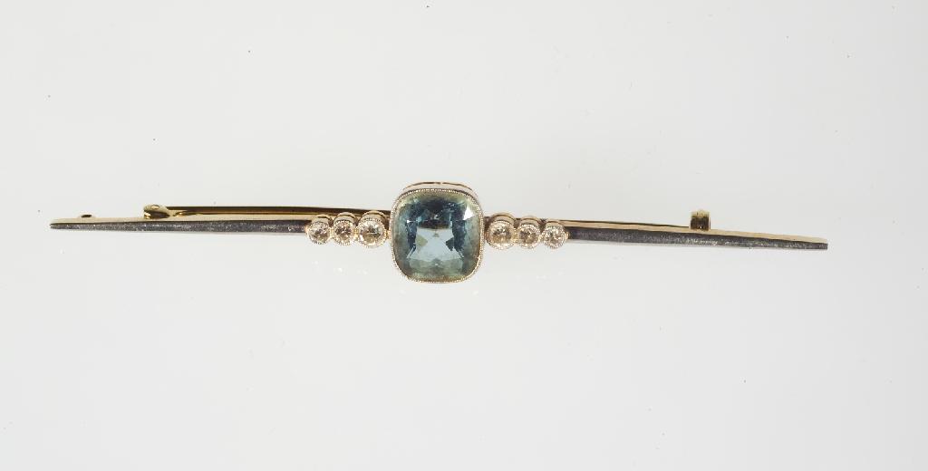 Appraisal: EDWARDIAN AQUAMARINE AND DIAMOND BROOCH c the cushion-cut aquamarine millegrain