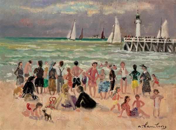 Appraisal: ANDRE HAMBOURG French - Crowded Beach oil on canvas signed