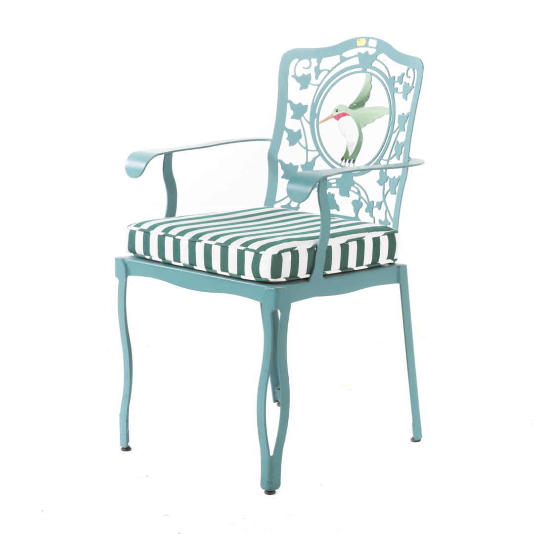 Appraisal: Contemporary painted metal armchair pierced back with hummingbird figural decoration