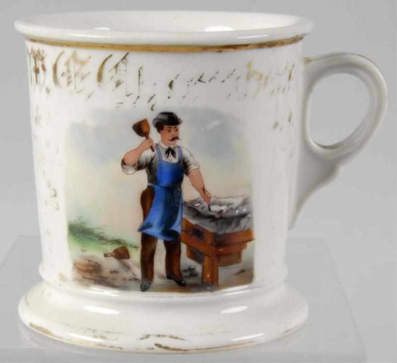 Appraisal: Stone Cutter at Work Shaving Mug Description Gilt name is