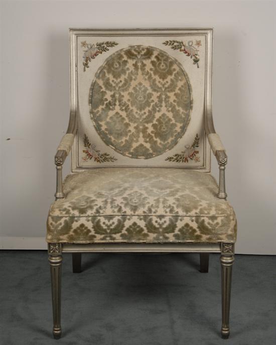 Appraisal: A Directoire-style Fauteuil having a silver gilt frame with painted