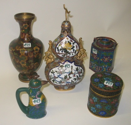 Appraisal: FIVE ARTICLES OF CHINESE CLOISONNE bird-form teapot gourd vase with