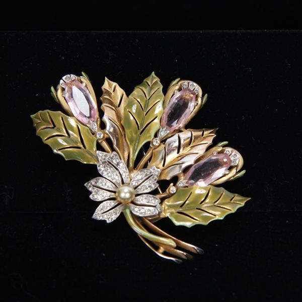 Appraisal: DeRosa Floral Bouquet Spray Fur Clip with pearl pave Enamel