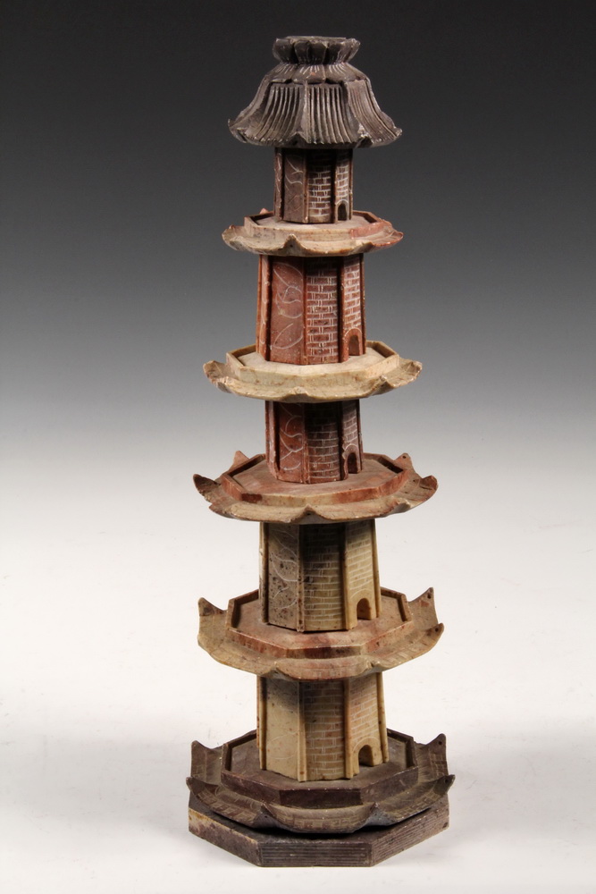 Appraisal: CHINESE SOAPSTONE MODEL - th c Eight-Sided Five-Tiered Pagoda Temple