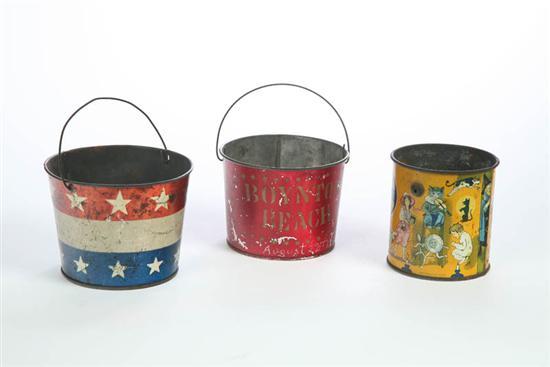 Appraisal: THREE TIN BUCKETS All with original stenciling Stars and stripes