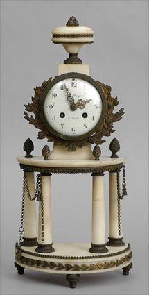 Appraisal: LOUIS XVI-STYLE GILT-METAL MOUNTED WHITE MARBLE PILLAR CLOCK The enamel