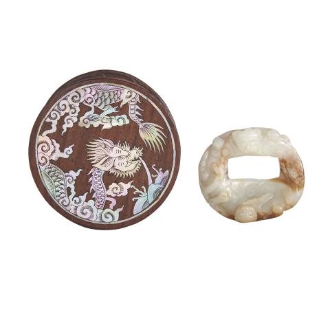 Appraisal: Huanghuali Mother-of Pearl Inlaid Box with Celadon Russet Chilong Jade