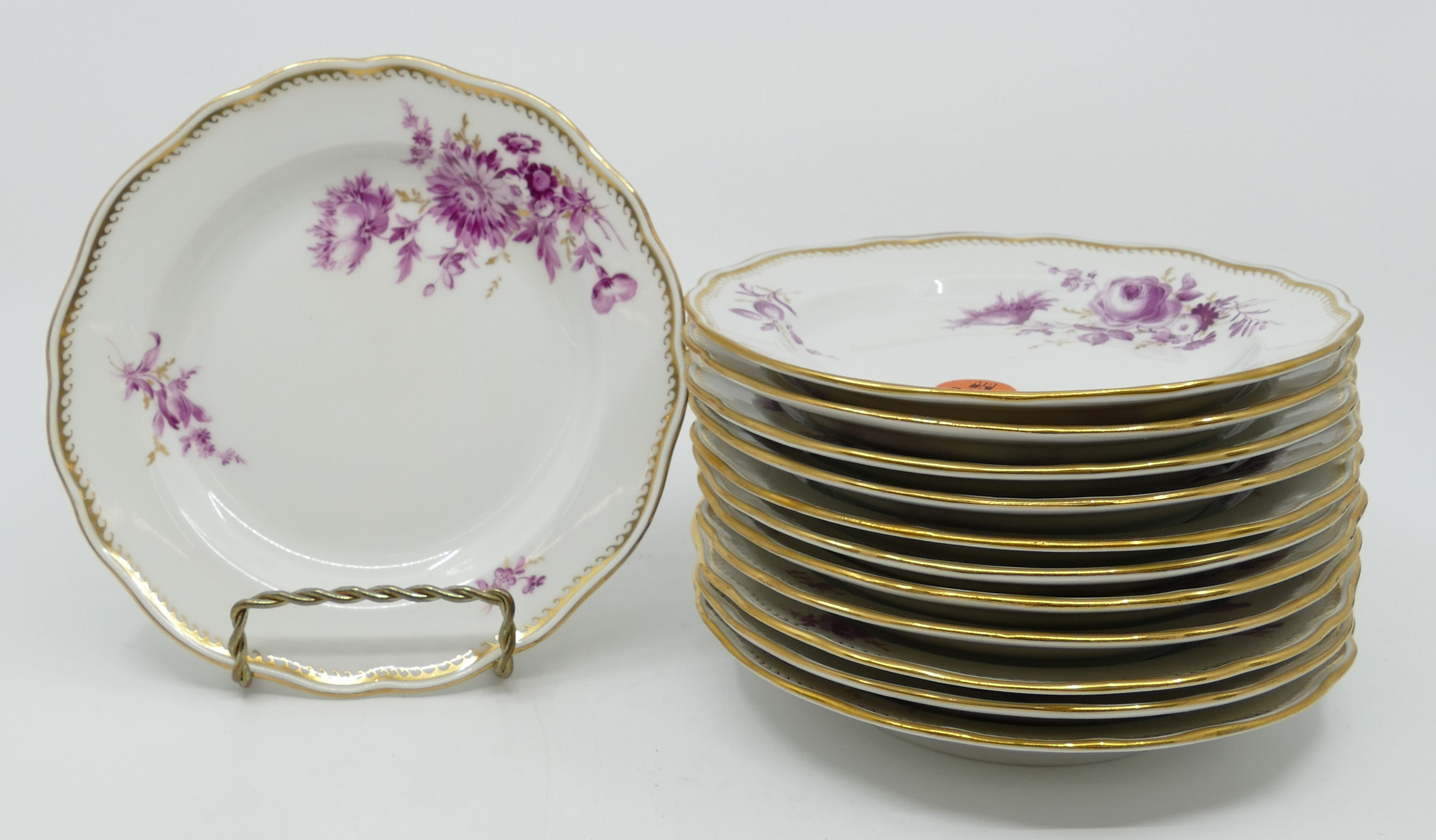 Appraisal: pc Meissen Pink Flower Porcelain Bread Plates Gilt decoration and