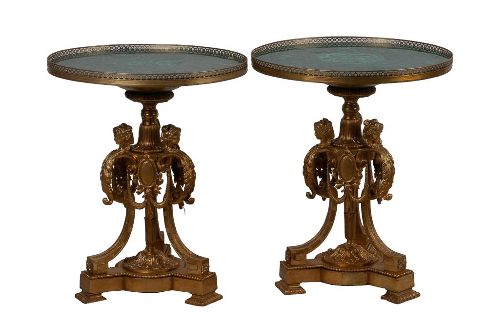 Appraisal: PAIR OF NEOCLASSIC GILT BRONZE MALACHITE GUERIDONS inches diameter inches