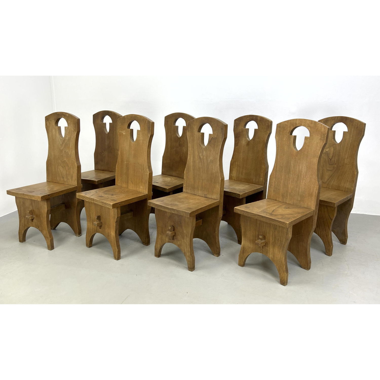 Appraisal: Set Rustic French Brutalist Chairs Solid Elm Tall backs Dimensions