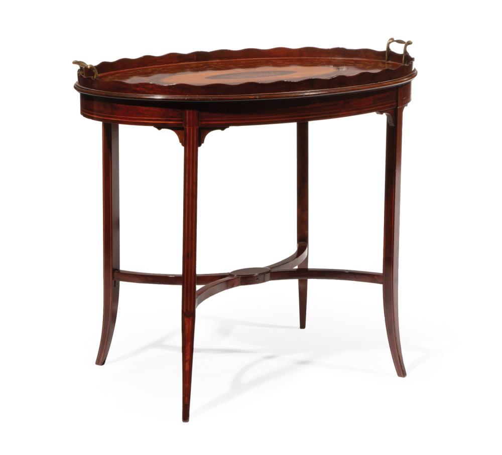 Appraisal: Edwardian Inlaid Mahogany Tray Table c oval gallery tray inlaid