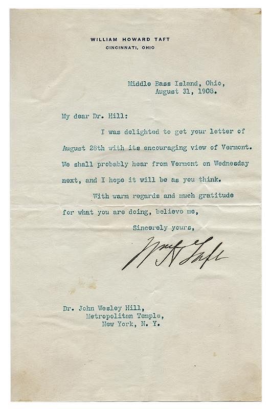 Appraisal: Typed Letter Signed Wm H Taft to John Wesley Hill