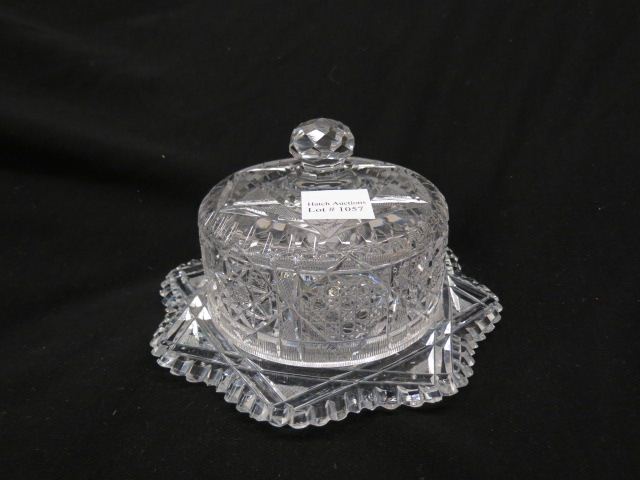 Appraisal: Cut Glass Butter Dish covered star cane decoration star shaped