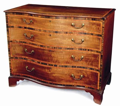 Appraisal: A late George III mahogany serpentine commode calamander and satinwood