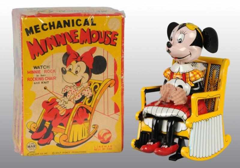 Appraisal: Tin Linemar Disney Minnie Mouse Knitting Toy Description Japanese Working