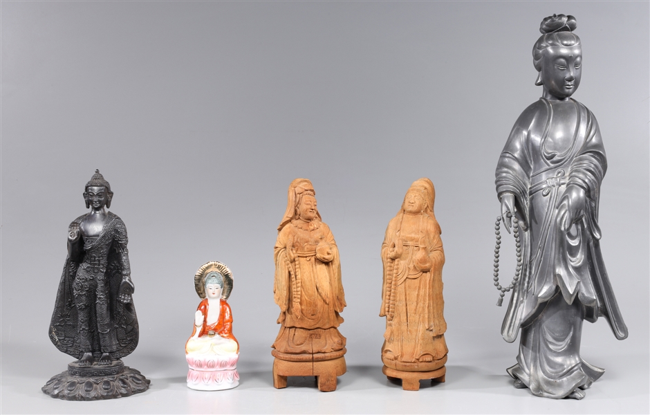 Appraisal: Group of five Chinese statuary collection including Pewter statue of