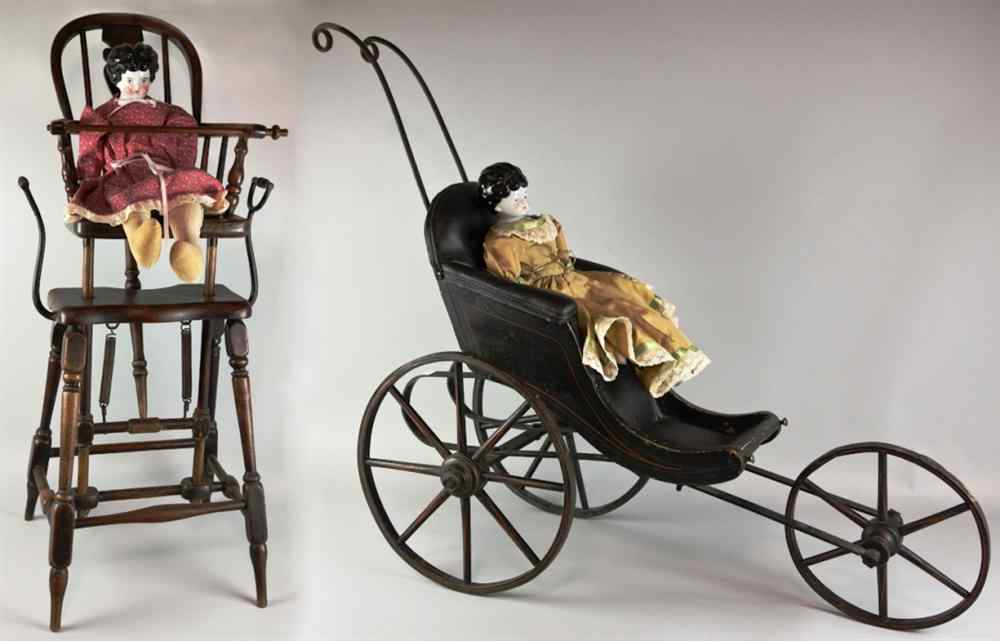 Appraisal: CHILD'S HIGH CHAIR STROLLER AND TWO DOLLS The high chair